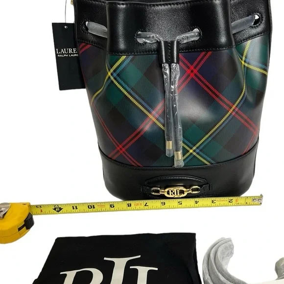 Ralph Lauren Andie Bucket Drawstring Plaid Leather Crossbody Bag